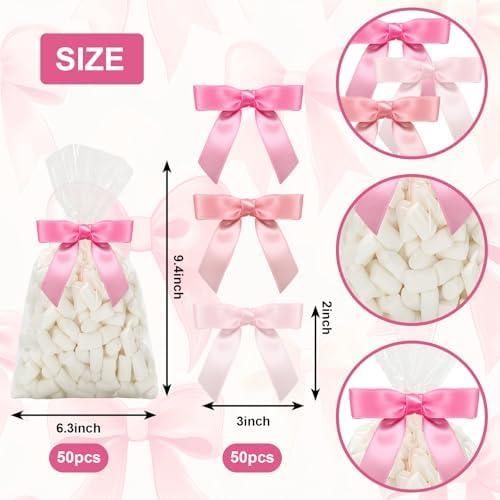 Bolsa de Celofán Transparente JarThenaAMCS de 50 Piezas con Lazos de Satén Rosa, Bolsas para Dulces y Sorprendentes para Bodas y Fiestas - imagen 2