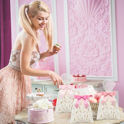 Bolsa de Celofán Transparente JarThenaAMCS de 50 Piezas con Lazos de Satén Rosa, Bolsas para Dulces y Sorprendentes para Bodas y Fiestas - imagen 6