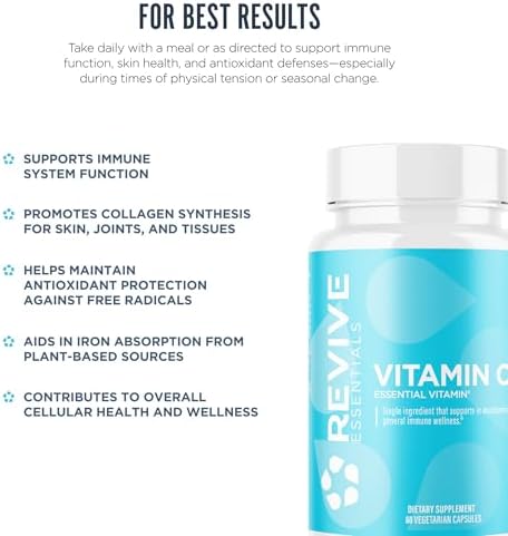 Cápsulas de Vitamina C Revive MD, 1000mg - Suplemento Dietético Potente para Inmunidad y Salud Antioxidante - Sin Rellenos y No GMO (200 Cápsulas - imagen 5