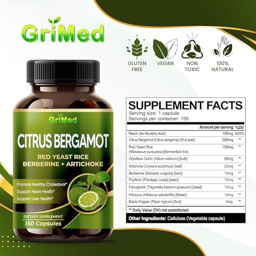Citrus Bergamot con Arroz de Levadura Roja, Ajo y Alcachofa para Colesterol Saludable y Salud del Corazón (150 Cápsulas) - imagen 3