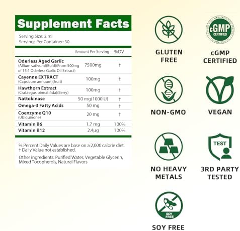 Extracto de Ajo Envejecido en Gotas, Suplemento Sin Olor con CoQ10, Cayena, Espino, Nattokinasa, Omega-3 y Vitaminas B6 y B12 para la Salud del - imagen 2