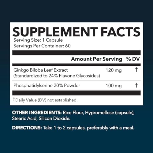 Ginkgo Biloba 120mg con Fosfatidilserina - Suplemento Nootrópico para la Salud Cerebral, Memoria y Concentración - 60 Cápsulas No Transgénicas, 2 - imagen 2