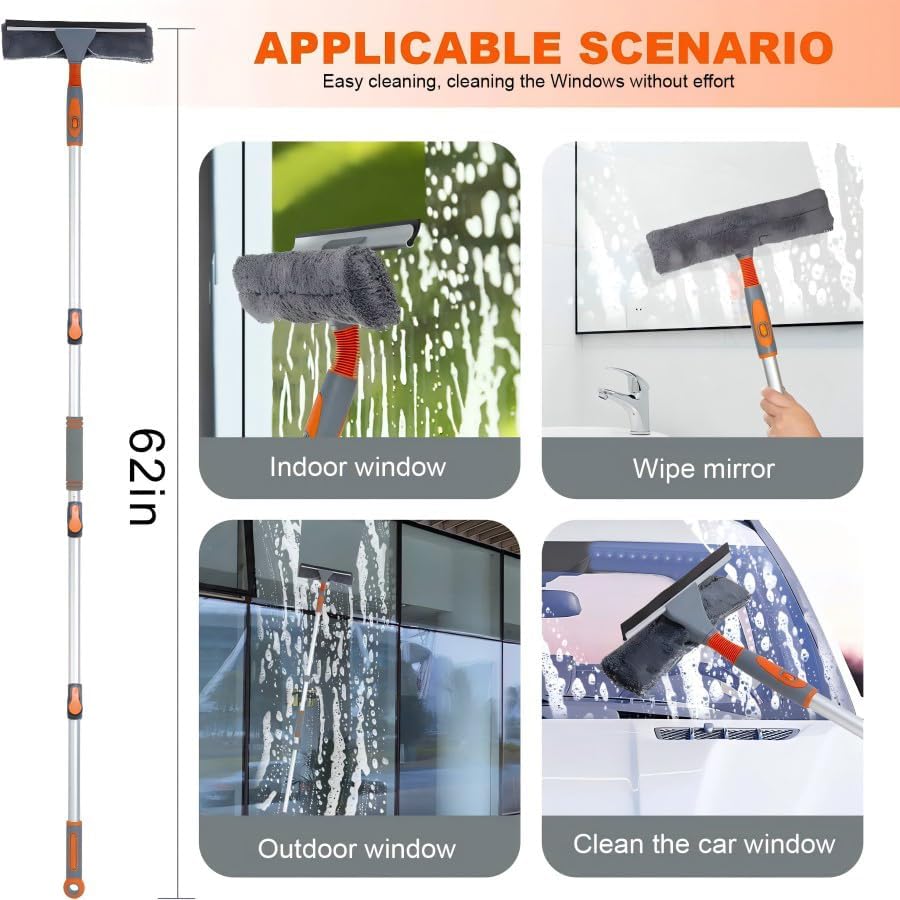 Limpiador de Ventanas Profesional, Squeegee 2 en 1 para Ducha con Poste Extensible de 62'', Herramienta Telescópica para Limpieza de Ventanas con - imagen 4