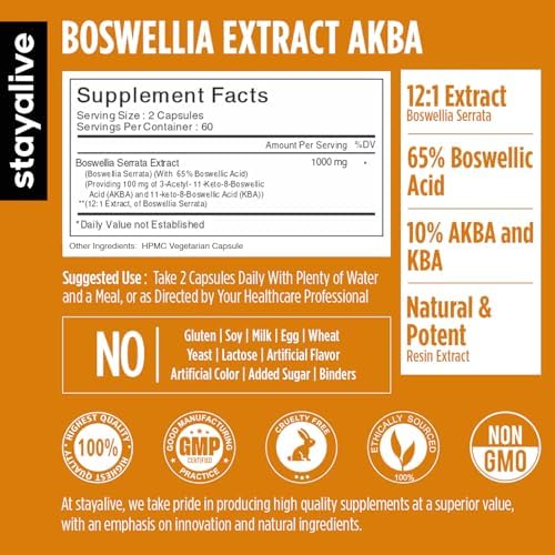 Cápsulas de Extracto de Boswellia Serrata STAY ALIVE 1000mg con AKBA y 65% Ácido Boswélico, 120 Contenidos, Suplemento No GMO y Sin Gluten - imagen 2