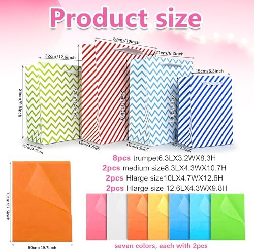 MUMULULU 28 Piezas de Bolsas de Regalo en 4 Tamaños y 14 Papeles de Seda en 7 Colores, Perfectas para Cumpleaños, Bodas y Fiestas - imagen 2