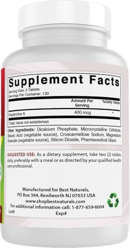 Best Naturals Huperzina A 400 mcg por Porción - 240 Tabletas, Sin Gluten y No OGM - imagen 6