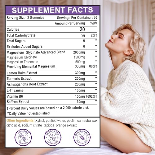 Suplemento de Gominolas de Glicinato de Magnesio para Adultos, con L-Treonato, Ashwagandha y Vitamina B6 - Sueño, Relajación, Energía, Vegano, Sin - imagen 2
