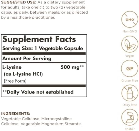 Solgar - Cápsulas Vegetales de L-Lisina 500 mg - 100 Unidades - imagen 2