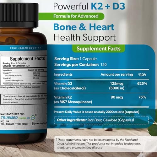 Suplemento de Vitamina D3 K2 TrueMed 5000 UI (MK-7 90 mcg) – 120 Cápsulas Veganas – Apoyo para Huesos, Corazón e Inmunidad - Sin OGM, Sin Gluten - - imagen 2