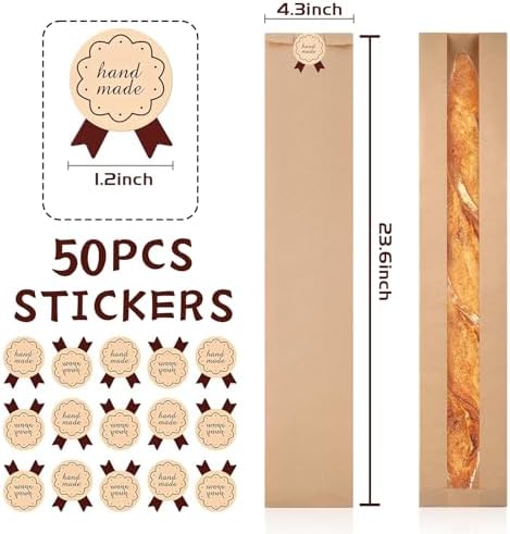 Paquete de 50 Bolsas para Baguette de Papel Kraft Reutilizables con Etiquetas, Bolsas Largas para Pan de Masa Madre con Ventana Transparente - imagen 2