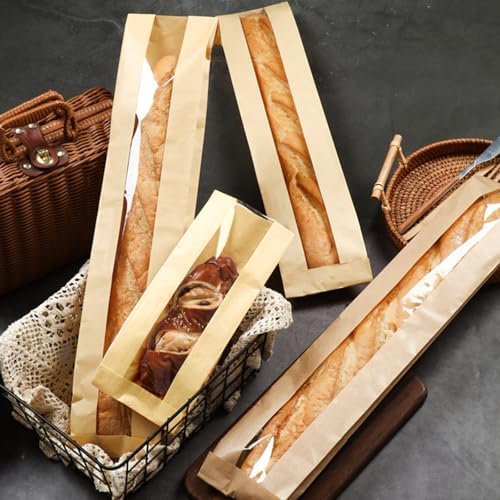 Paquete de 50 Bolsas para Baguette de Papel Kraft Reutilizables con Etiquetas, Bolsas Largas para Pan de Masa Madre con Ventana Transparente - imagen 3