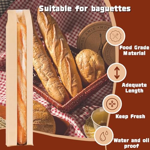 Paquete de 50 Bolsas para Baguette de Papel Kraft Reutilizables con Etiquetas, Bolsas Largas para Pan de Masa Madre con Ventana Transparente - imagen 5