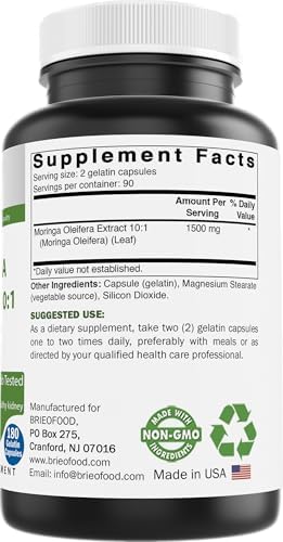 Extracto de Moringa Oleifera Brieofood 10:1 1500 mg - 180 Cápsulas - Suplemento Sin OGM y Sin Gluten - Superalimento de Hoja de Moringa - imagen 2