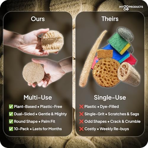 Esponjas de LufaGO (Paquete de 10) - 100% Biodegradables, Compostables y Sin Plástico, Estropajos No Rascantes para Cocina, Platos y Baño (Cero - imagen 3