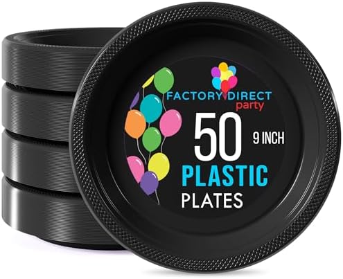 Platos de Plástico Desechables Negros de 9 para Fiesta - 50 Piezas, Set de Vajilla Resistente de 350 GSM - imagen 1