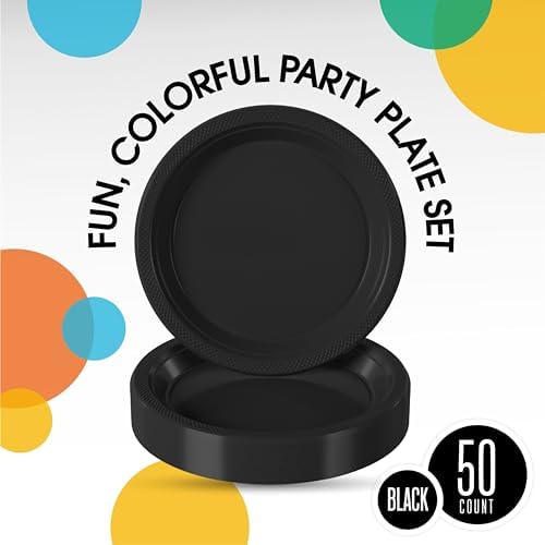 Platos de Plástico Desechables Negros de 9 para Fiesta - 50 Piezas, Set de Vajilla Resistente de 350 GSM - imagen 2