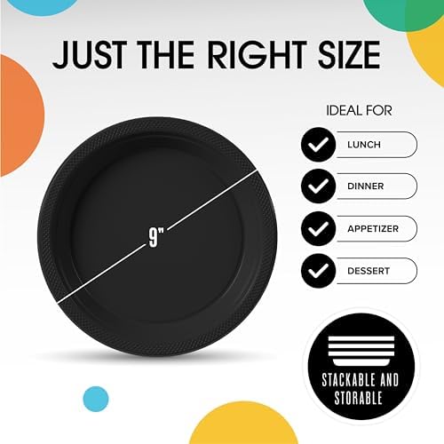 Platos de Plástico Desechables Negros de 9 para Fiesta - 50 Piezas, Set de Vajilla Resistente de 350 GSM - imagen 3