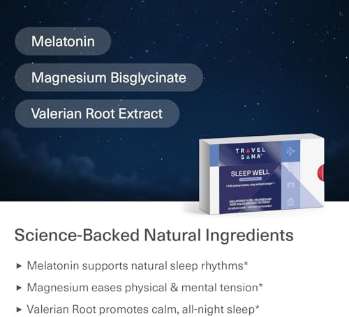 TRAVELSANA Suplemento Natural para Dormir y Apoyo contra el Jet Lag | Extracto de Raíz de Valeriana, Melatonina 5 mg y Magnesio | 30 Cápsulas Veganas - imagen 3