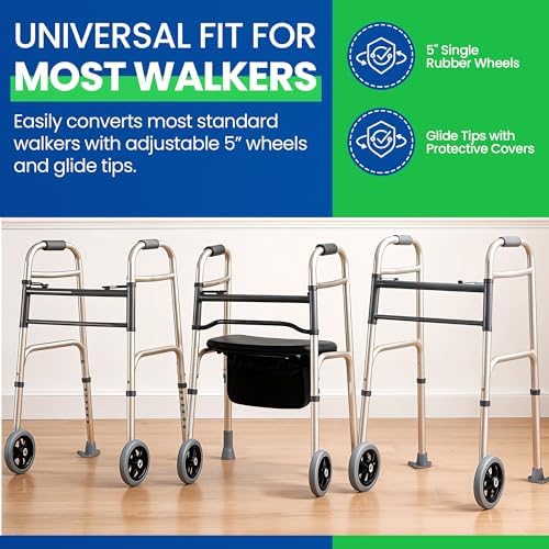 Kit de Reemplazo Universal Healthline para Andadores de 1” – Ruedas de 5” con Patines Traseros – Incluye 2 Ruedas Fijas y 2 Patines – Rodaje Suave en - imagen 3