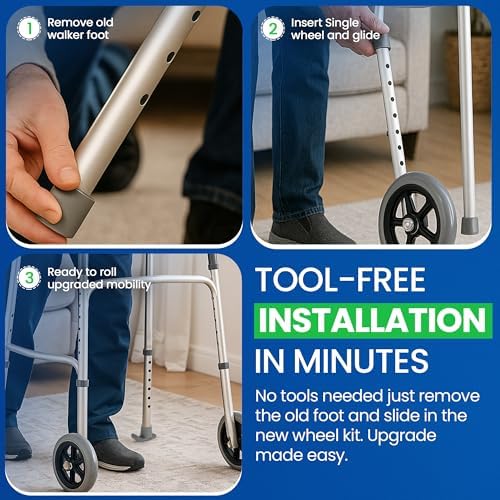 Kit de Reemplazo Universal Healthline para Andadores de 1” – Ruedas de 5” con Patines Traseros – Incluye 2 Ruedas Fijas y 2 Patines – Rodaje Suave en - imagen 4