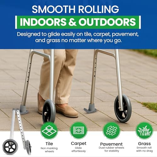 Kit de Reemplazo Universal Healthline para Andadores de 1” – Ruedas de 5” con Patines Traseros – Incluye 2 Ruedas Fijas y 2 Patines – Rodaje Suave en - imagen 5