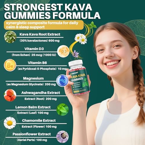 Gomitas Kava Kava para Calma, Relajación y Sueño Natural - Suplemento de Extracto de Raíz de Kava con Ashwagandha, Magnesio y Vitamina B6, Sin - imagen 2