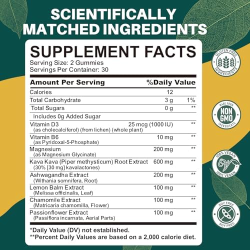 Gomitas Kava Kava para Calma, Relajación y Sueño Natural - Suplemento de Extracto de Raíz de Kava con Ashwagandha, Magnesio y Vitamina B6, Sin - imagen 7