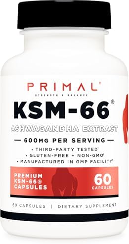 Complejo de Ashwagandha KSM-66 de Primal (60 Cápsulas / 60 Porciones, 600 mg Por Porción) - Con Extracto de Pimienta Negra, Libre de Gluten, No - imagen 1