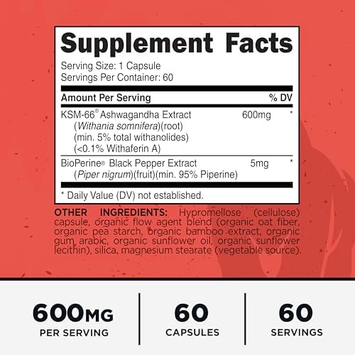 Complejo de Ashwagandha KSM-66 de Primal (60 Cápsulas / 60 Porciones, 600 mg Por Porción) - Con Extracto de Pimienta Negra, Libre de Gluten, No - imagen 2