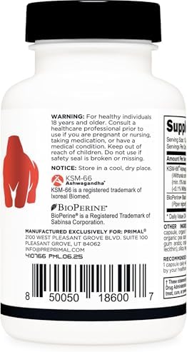 Complejo de Ashwagandha KSM-66 de Primal (60 Cápsulas / 60 Porciones, 600 mg Por Porción) - Con Extracto de Pimienta Negra, Libre de Gluten, No - imagen 3