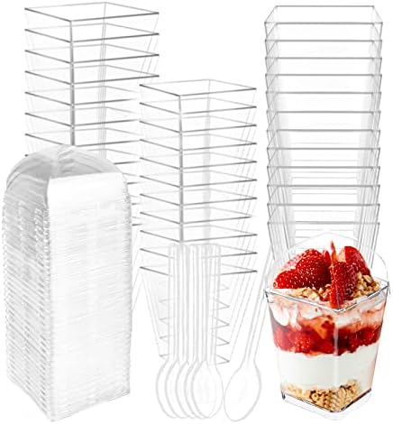 Vasos de Postre Wiaregom de 50 Piezas de 5 Oz con Tapa y Cucharas, Vasos Plásticos Cuadrados Transparentes para Mousse, Helado y Aperitivos - imagen 1