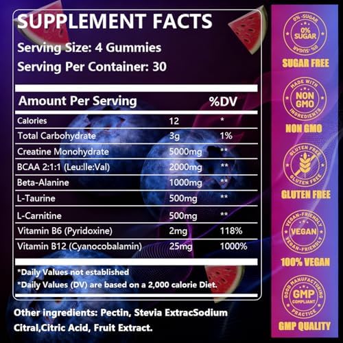 Gomitas de Creatina VITARENEW 120 piezas - Sabor Sandía y Arándano, 5000mg Creatina Monohidratada con BCAA, L-Taurina y Electrolitos para Crecimiento - imagen 3