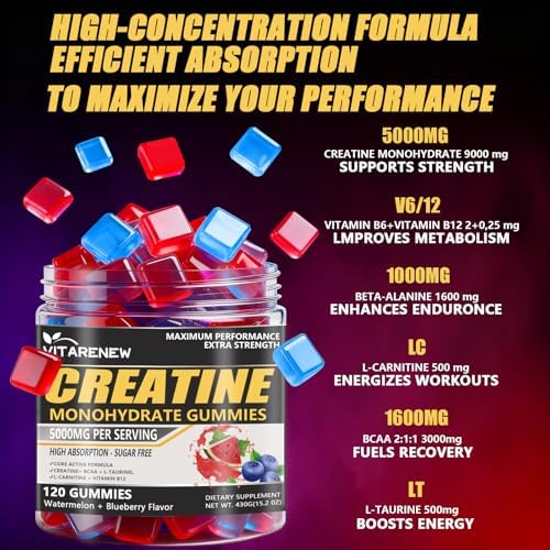 Gomitas de Creatina VITARENEW 120 piezas - Sabor Sandía y Arándano, 5000mg Creatina Monohidratada con BCAA, L-Taurina y Electrolitos para Crecimiento - imagen 4