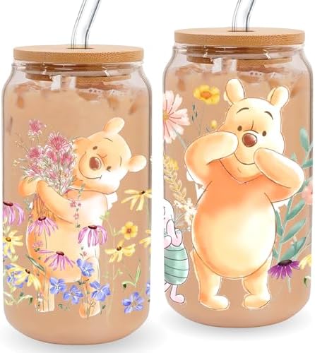 Vasos Frosted de Pooh Bear, Taza de Oso de Miel para Regalo, Vasos de Winnie con Tapa, Vaso de Cristal de 16oz para Mejor Amiga - imagen 1