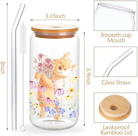 Vasos Frosted de Pooh Bear, Taza de Oso de Miel para Regalo, Vasos de Winnie con Tapa, Vaso de Cristal de 16oz para Mejor Amiga - imagen 5