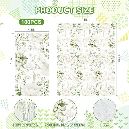 100 Servilletas Desechables Blancas con Flores para Invitados - Toallas de Papel Decorativas para Boda, Cumpleaños y Baño - imagen 3