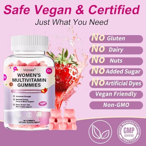Gomitas Multivitamínicas Sin Azúcar Vccvaa para Mujeres 14+ con Hierro, Inositol, Folato y Vitaminas A, C, D3, E, B12, K2 – 60 Gomas Veganas para - imagen 7