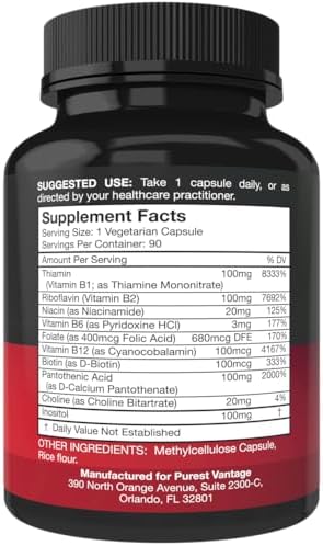 Vitaminas B Complejo Purest Vantage - B12, B1, B2, B3, B5, B6, B7, B9 y Ácido Fólico - 90 Cápsulas Vegetales para Hombres y Mujeres - imagen 2