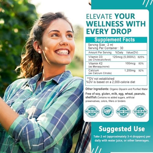 Suplementos de Calcio Líquido para Mujeres, 1200mg de Calcio de Alta Absorción con Vitamina D3 y K2 para Huesos y Dientes, 30 Porciones - imagen 2