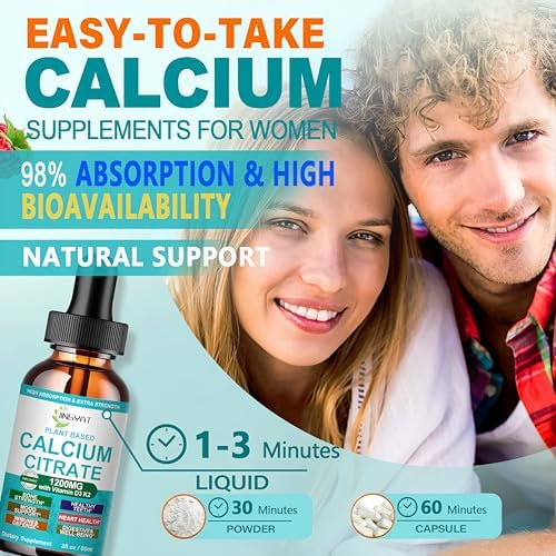 Suplementos de Calcio Líquido para Mujeres, 1200mg de Calcio de Alta Absorción con Vitamina D3 y K2 para Huesos y Dientes, 30 Porciones - imagen 5