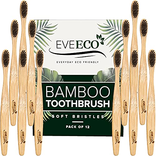 Cepillos de Dientes de Bambú EveEco 12 Piezas I Cerdas Suaves para Encías Sensibles I Carbón I Vegano I Madera Natural I Sin BPA I Reciclable y - imagen 1