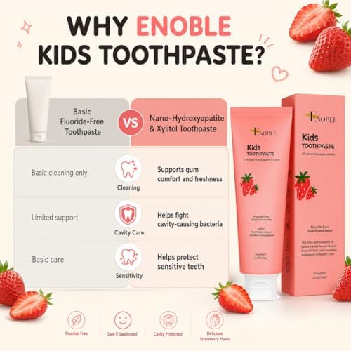 Pasta de Dientes Enoble para Niños – Pasta Natural Sin Flúor con 7.5% de Nano-Hidroxiapatita y Xilitol, Sabor Fresa, 3.5 oz - imagen 8