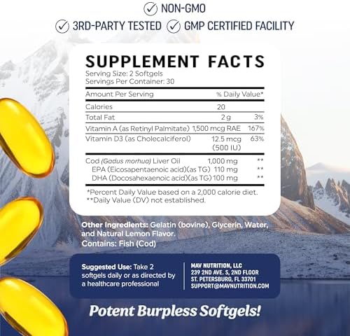 Aceite de Hígado de Bacalao en Softgels 1000MG | Omega 3 + Vitaminas A y D3 | Aceite de Bacalao Silvestre de Islandia | Suplemento EPA DHA Omega 3 - imagen 5