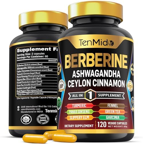 Suplemento de Berberina Tenmido - Fórmula 10 en 1 con Ashwagandha, Canela de Ceilán, Cúrcuma, Ginseng Panax, Olmo Resbaladizo, Hinojo, Té Verde y Más - imagen 1