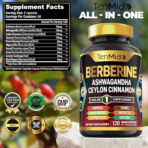 Suplemento de Berberina Tenmido - Fórmula 10 en 1 con Ashwagandha, Canela de Ceilán, Cúrcuma, Ginseng Panax, Olmo Resbaladizo, Hinojo, Té Verde y Más - imagen 2