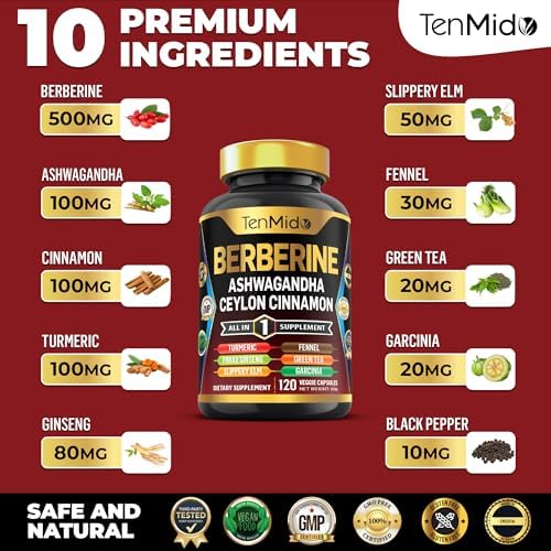 Suplemento de Berberina Tenmido - Fórmula 10 en 1 con Ashwagandha, Canela de Ceilán, Cúrcuma, Ginseng Panax, Olmo Resbaladizo, Hinojo, Té Verde y Más - imagen 3