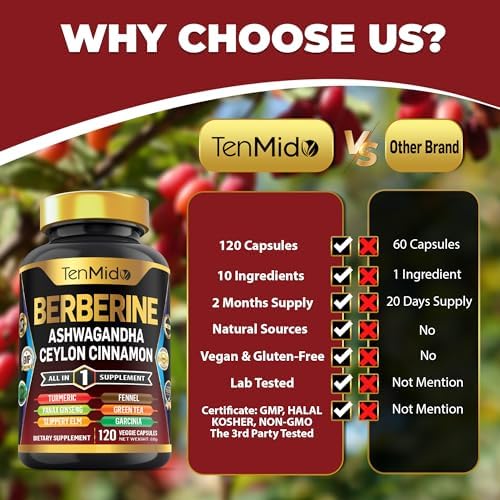 Suplemento de Berberina Tenmido - Fórmula 10 en 1 con Ashwagandha, Canela de Ceilán, Cúrcuma, Ginseng Panax, Olmo Resbaladizo, Hinojo, Té Verde y Más - imagen 5