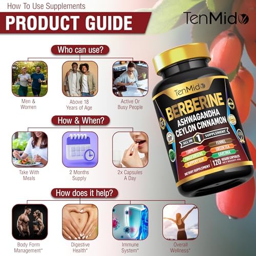 Suplemento de Berberina Tenmido - Fórmula 10 en 1 con Ashwagandha, Canela de Ceilán, Cúrcuma, Ginseng Panax, Olmo Resbaladizo, Hinojo, Té Verde y Más - imagen 6