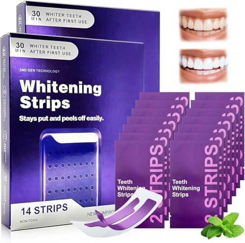 Tiras Blanqueadoras de Dientes Moradas, Seguras para Esmalte, Reducen Manchas y Mal Aliento, Uso en Casa o Viaje (2 Paquetes, 28 Tiras) - imagen 1