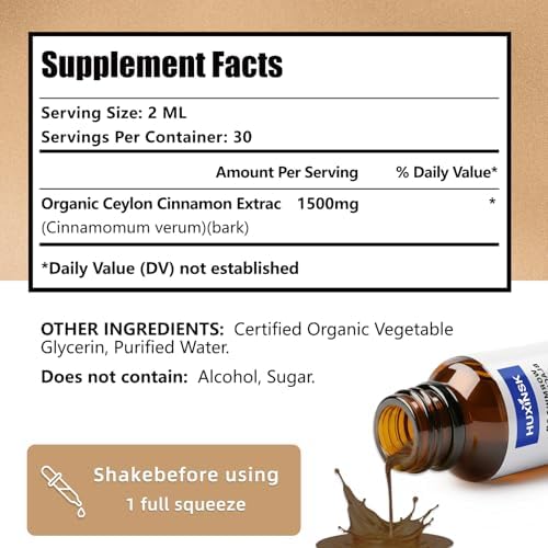 Extracto Líquido de Canela de Ceilán HUXINSK | Cinnamomum Zeylanicum Puro | Apoya un Metabolismo Saludable | Tinción Vegana Sin Alcohol, 60ml - imagen 2